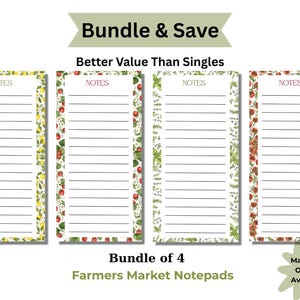 May include: Four rectangular notepads with lined paper, each featuring a unique botanical border of lemons, strawberries, herbs, or tomatoes. The text "NOTES" is printed at the top of each. Text includes "Bundle & Save", "Better Value Than Singles", "Bundle of 4 Farmers Market Notepads", and "Magnetic Option Available".