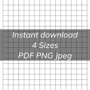 May include: A digital grid paper design with a gray banner containing the words "Instant download", "4 Sizes", and "PDF PNG Jpeg" in white text. The grid is composed of black lines on a white background.
