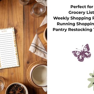 May include: A rectangular notepad with a white background, black horizontal lines, and a decorative border featuring orange and yellow floral patterns. The top of the notepad has the word NOTES printed in black. A purple butterfly illustration is nearby.