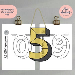Könnte beinhalten: Ein Grafikdesign mit den Zahlen 0, 5 und 9 in 3D-Effekt, mit Gold- und Schwarzfarben. Das Design enthält den Text "3D Effect Monogram" und "For Hobby & Commercial Use."
