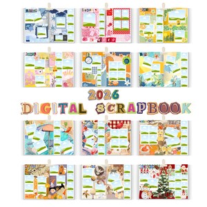 Könnte beinhalten: Eine Sammlung von zwölf digitalen Scrapbook-Layouts, jedes mit einem einzigartigen Thema und Design. Die Layouts sind in Reihen und Spalten angeordnet, mit Foto-Platzhaltern und dekorativen Elementen. Der Text "2026 DIGITAL SCRAPBOOK" wird in der Mitte angezeigt.