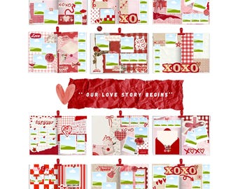 May include: A collection of red and white scrapbook pages with photo spaces, hearts, and the text "OUR LOVE STORY BEGINS." Each page is held together with a red clip. The pages feature various designs, including stripes, hearts, and the word "Love."