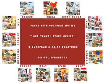 Reseklippbokskit | 13 europeiska och asiatiska länder | Digitala klippbokssidor med kulturella motiv