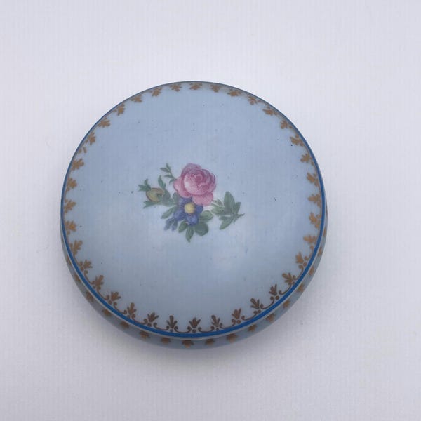 Vintage Limoges France Blue Glass Trinket Box with Hand Painted Floral Lid