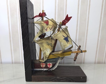Vintage Wooden Sailing Ship Bookend Single Nautical Decor Model Sailboat Maritime Library Shelf Decor