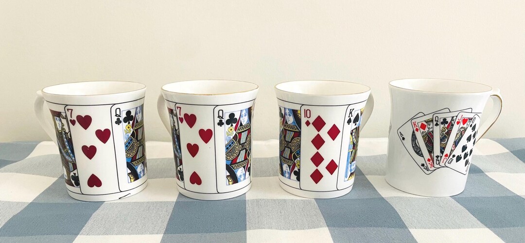 Playing Card Tea Set Queen's Fine Bone China Mugs Set of 4 | Playing Card Design Coffee Cups ...