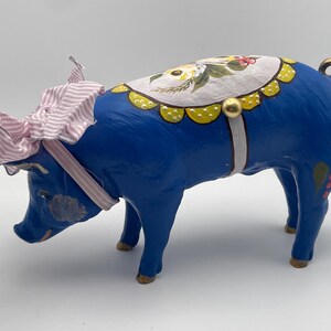 Vintage Hand Painted Blue Pig Figurine Folk Art Pig Sculpture Rustic Farmhouse Decor Whimsical Pig with Floral Saddle