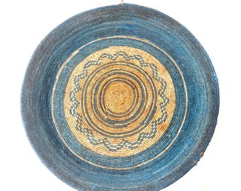 Large Vintage Moroccan Blue Rustic Hand-Woven Shallow Round Basket/Wall Decor 43 Cm