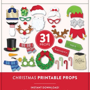 May include: A set of 31 printable Christmas photo booth props. The props include a variety of festive items, such as Santa hats, reindeer antlers, candy canes, and a wreath. The props are designed to be printed on 8.5" x 11" paper and are ready to be cut out and used.