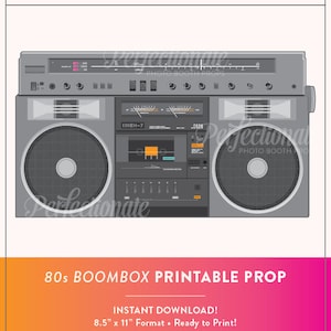 May include: A printable 80s boombox prop in gray with a cassette tape player and a radio tuner. The prop is 8.5 inches by 11 inches and is ready to print.