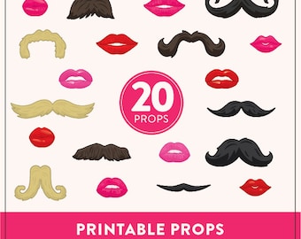 Lips and Mustaches Printable Props | 20 Mustaches and Lips Props | Instant Download Mustaches and Lips