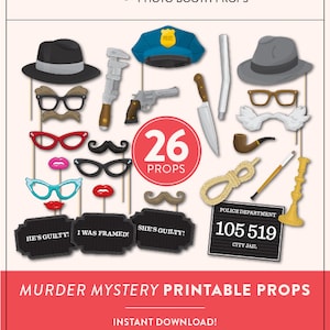 殺人ミステリー小道具 | フルサイズの印刷可能な小道具26点 | マグショットサイン | すぐにダウンロード