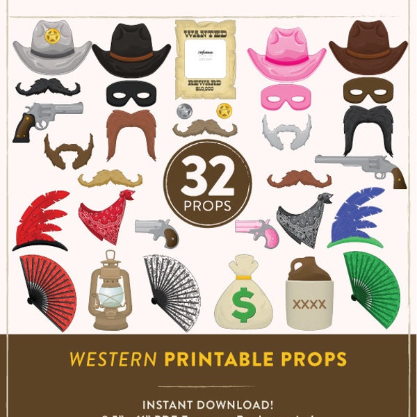 Printable Western Photo Booth Props | 32 Printable Cowboy Props | Instant Download | Western Party Props