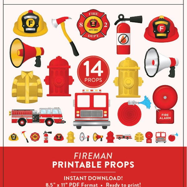 Fire Fighter Birthday Decorations Instant Download | Fireman Photo Booth Props | 14 Fire Fighter Decorations or Props | Fireman Decorations