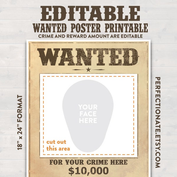 Wanted Poster Printable 18" x 24" | Edit Your Crime and Reward | Instant Download