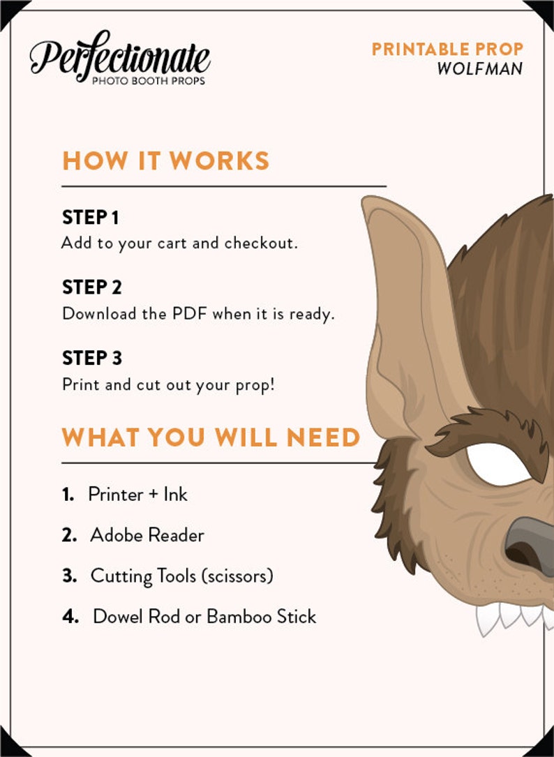 Printable Werewolf Mask Prop Halloween Printable Prop DIY Etsy