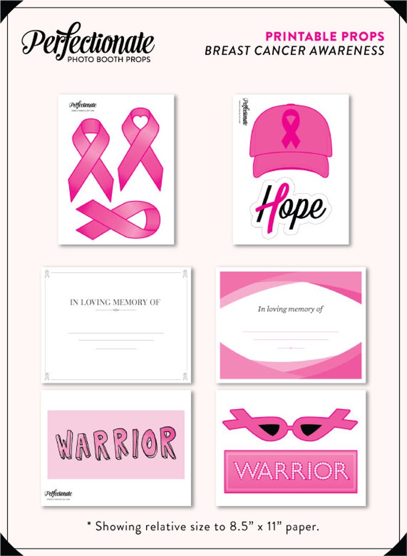 K&ouml;nnte beinhalten: Druckbare Fotobooth-Requisiten f&uuml;r das Bewusstsein f&uuml;r Brustkrebs. Die Requisiten umfassen rosa Schleifen, eine rosa Baseballkappe mit einer rosa Schleife, ein Schild mit der Aufschrift "Hope", ein Schild mit der Aufschrift "Warrior" und ein Schild mit der Aufschrift "In loving memory of".