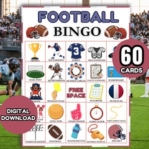 Pode incluir: Um jogo de bingo de futebol para download digital com 60 cartas. A cartela de bingo apresenta ilustrações temáticas de futebol, incluindo uma bola de futebol, capacete, camisa e trave. O jogo é para fãs de esportes.