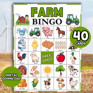 Puede incluir: Un juego de cartas "Farm Bingo" colorido con ilustraciones de animales y objetos de granja. El juego incluye 40 cartas y un cuadrado de "Espacio libre". También se ven las palabras "Farm Bingo" y "Descarga digital".