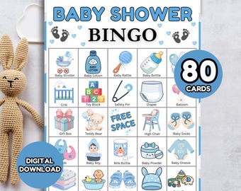 80 Baby Boy Shower Bingo Cards, Large Group Light Blue Baby Bingo, Bulk Boy Baby Shower Game, Minimalist Blue Party Activity, Printable DIY