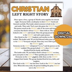 Könnte beinhalten: Eine bedruckte Seite mit dem Titel "CHRISTIAN LEFT RIGHT STORY" in Orange und Schwarz. Der Text beschreibt ein Spiel mit Anweisungen, einen Preis nach links und rechts weiterzureichen. Eine Kirchenillustration und ein "DIGITALER DOWNLOAD"-Aufkleber sind ebenfalls sichtbar.