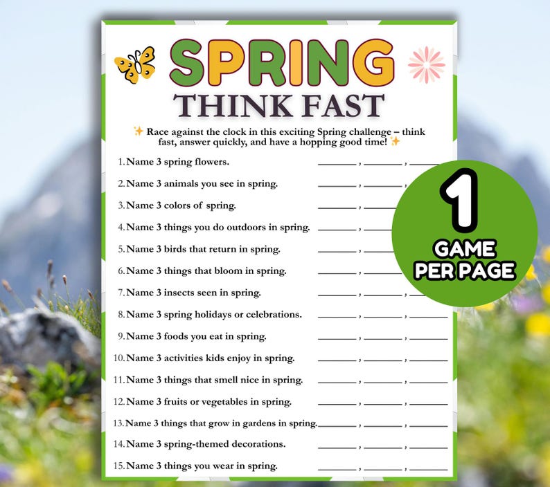 Spring Think Fast Game, Fun Printable Spring Game for Kids Adults ...