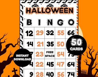 50 Halloween Bingo Cards, Halloween Party Game, Halloween Activity, Fall Game, Carte Bingo for Kids, Fun Halloween Game