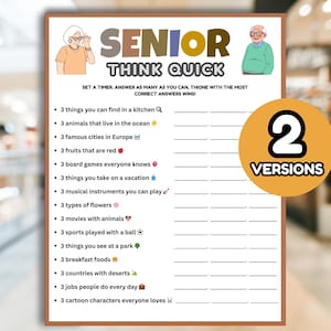 Senior Think Quick Trivia, Family Game Night, Retirement Games, Dementia Activity, Senior Citizens, Senior Living Party, Nursing Home Game