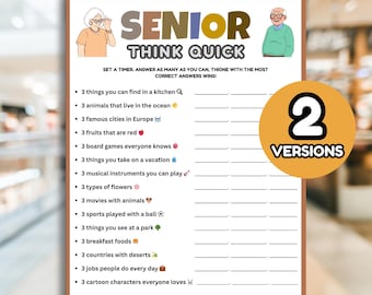 Senior Think Quick Trivia, Family Game Night, Retirement Games, Dementia Activity, Senior Citizens, Senior Living Party, Nursing Home Game