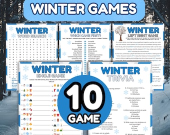 May include: A collection of winter-themed game sheets, including word search, trivia, and emoji games. The games are designed with a blue and white color scheme and feature snowflakes. The central image displays "10 GAME" in a blue circle.