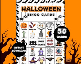 May include: Halloween bingo cards with spooky illustrations, including a pumpkin, ghost, and spider web. The game set includes 50 cards and is available for instant download. The design features a black cat and a spooky tree.