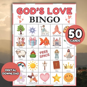 May include: A digital download of a bingo game titled "God's Love Bingo." The game features illustrated squares with religious themes, including a tree, family, and a cross. The game includes 50 cards and is available for digital download.