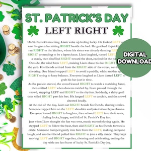 May include: A St. Patrick's Day themed digital download featuring a green shamrock design and the text "ST. PATRICK'S DAY LEFT RIGHT". The image includes a green hat, gold coins, and green shamrock decorations, perfect for the holiday.
