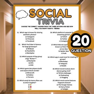 May include: A Social Trivia game board with 20 questions. The board has a yellow border and features questions about social media, YouTubers, K-Pop, and trending topics. The text "SOCIAL TRIVIA" is at the top.