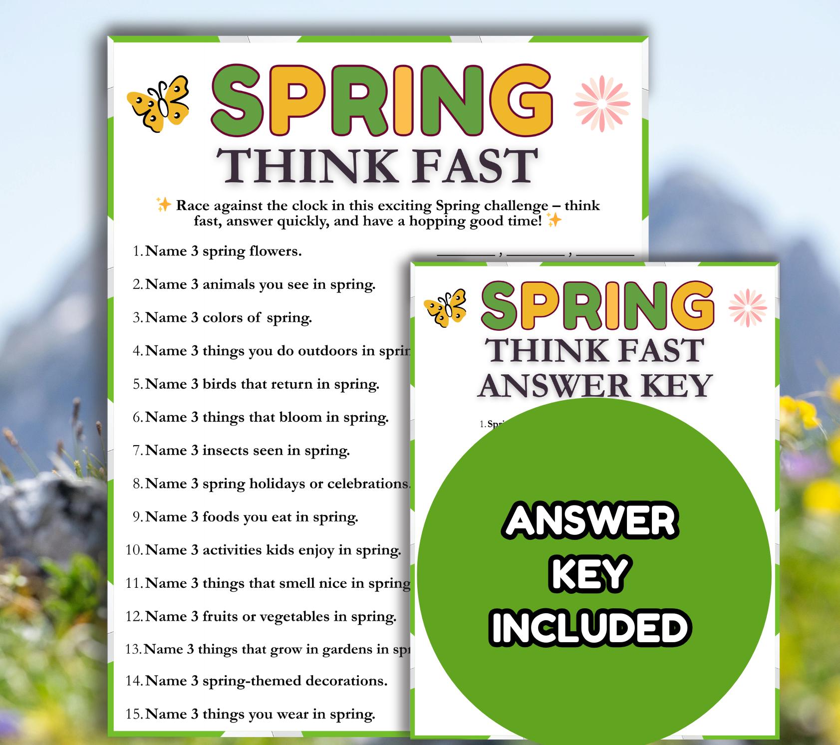 Spring Think Fast Game, Fun Printable Spring Game for Kids Adults ...