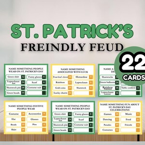 Könnte beinhalten: Ein Spiel zum Thema St. Patrick's Day mit dem Titel "St. Patrick's Freindly Feud" in grünem Text. Das Spiel enthält 22 Karten mit Kategorien und Antworten zum Feiertag, wie z. B. "Nennen Sie etwas, das die Leute am St. Patrick's Day tragen."