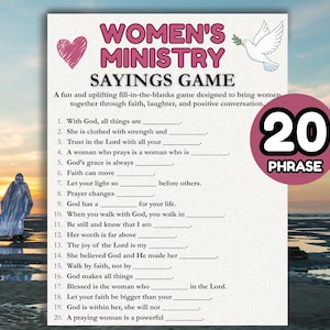 Könnte beinhalten: Ein Women's Ministry Sayings Game mit Lücken zum Ausfüllen. Das Spiel soll Frauen durch Glauben, Lachen und positive Gespräche zusammenbringen. Das Spiel enthält 20 Sätze. Der Titel enthält ein rosa Herz und eine Taube.