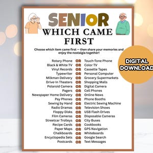 以下が含まれることがあります： 「Senior: Which Came First」というタイトルのデジタルダウンロードゲーム。ロータリー電話とプッシュホンなど、比較するアイテムのリストが特徴で、上部には高齢者のイラストが描かれています。このゲームはノスタルジーを呼び起こすように設計されています。