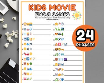 Peut inclure: Une feuille de jeu imprimable "Kids Movie Emoji Games" avec 24 phrases à résoudre. Le titre "KIDS MOVIE EMOJI GAMES" est en orange, avec un soleil. La feuille est sur fond blanc avec une bordure orange.
