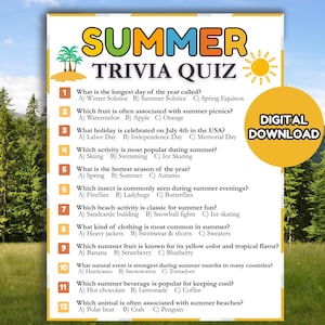 Zomertrivia-spel afdrukbaar, leuke zomerquiz voor kinderen en volwassenen, 12 vragen, meerkeuze, zomerfeest, gezinsactiviteit, zomerspel