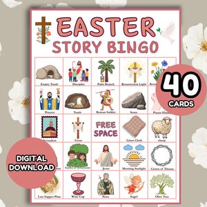 May include: A pink and white Easter Story Bingo game with 40 cards. The game board features illustrations of Easter-related symbols and figures, including an empty tomb, Jesus, and a cross. The words "Easter Story Bingo" are at the top.