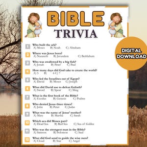 May include: A printable Bible trivia game with a yellow and white background. The title "BIBLE TRIVIA" is at the top. The game includes questions about biblical figures and events. The words "DIGITAL DOWNLOAD" are in a yellow circle.