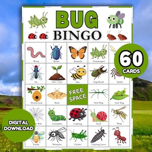 May include: A colorful "Bug Bingo" game board with insect illustrations, including a worm, butterfly, and ladybug. The game board has a green border and includes the text "Bug Bingo", "60 Cards", and "Digital Download".