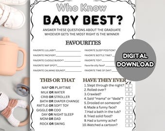 Jogo minimalista "Quem conhece melhor o bebê?", perguntas de curiosidades sobre o primeiro aniversário, jogos modernos para o primeiro aniversário de menino ou menina, quiz simples para bebês de 1 ano.