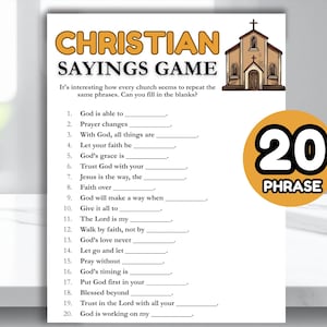 Op de afbeelding: Een wit vel papier met de tekst "CHRISTIAN SAYINGS GAME" in gele en bruine letters. Het spel bevat 20 invulzinnen. Een illustratie van een kerk en een gele cirkel met "20 PHRASE" zijn ook inbegrepen.