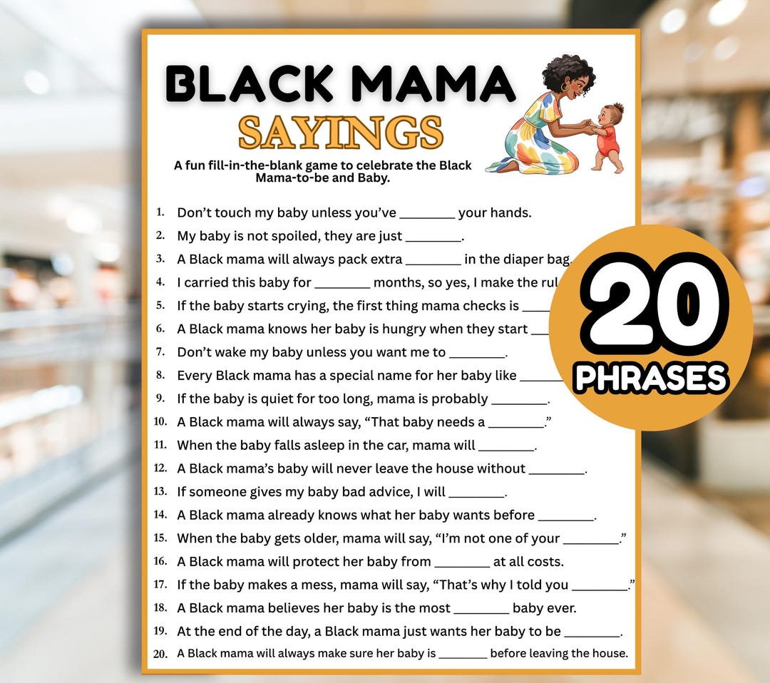 Black Mama Sayings Game, Black Baby Shower Game, Fun Baby Shower Game ...