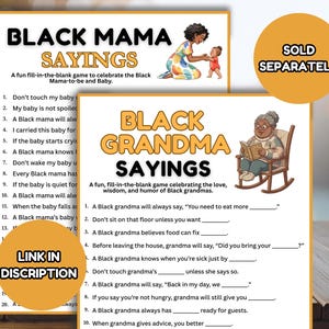 May include: Two fill-in-the-blank games titled "Black Mama Sayings" and "Black Grandma Sayings." The first features a mother and child illustration, the second an illustration of a grandma reading. Both games are on a wooden surface.