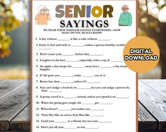 Puede incluir: Una hoja de juego imprimible titulada "Senior Sayings" con frases para completar. La hoja tiene un borde marrón y presenta ilustraciones de personas mayores. Una pegatina de descarga digital está en el lado derecho.