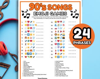 90s Emoji Song Game, Retro 90s Music Trivia Quiz, Pop Culture Emoji Pictionary, Minimalist 90s Birthday Party Activity, Printable PDF