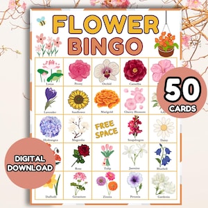 Pode incluir: Um cartão de jogo Flower Bingo colorido com ilustrações de várias flores, incluindo um girassol, uma rosa e uma tulipa. O cartão apresenta o texto "FLOWER BINGO", "50 CARTAS" e "DOWNLOAD DIGITAL".